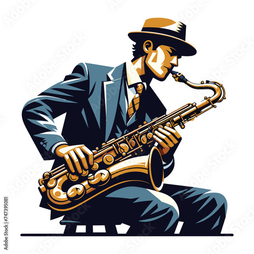Musician playing saxophone, music player performing solo, holding sax instrument in hands, man saxophonist, jazz and blues performance. Flat vector illustration isolated on white background
