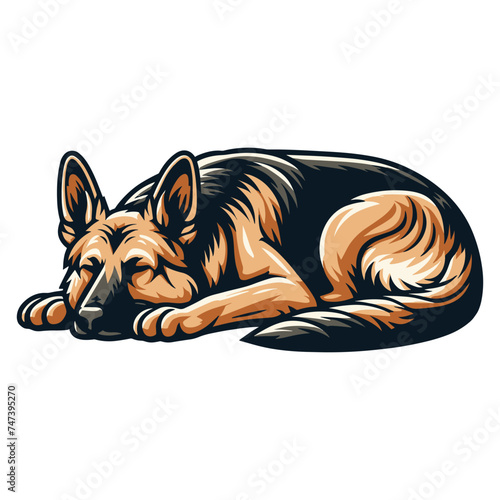 German shepherd dog full body vector illustration, sleeping dog, family pet, assistance, search service, rescue, police, and military help design template isolated on white background