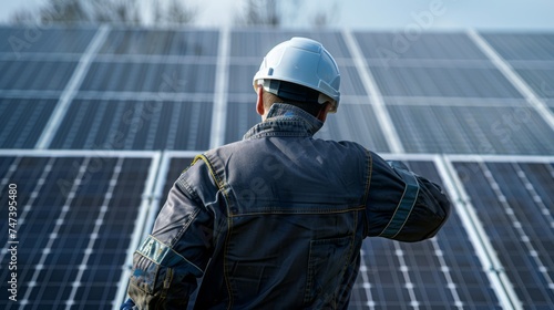 Worker in coverall and helmet assembling solar modules: sustainable energy concept