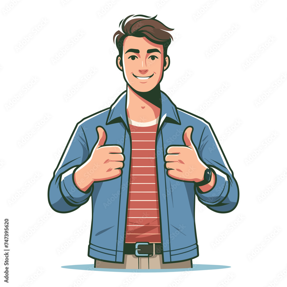 Man giving thumbs up vector illustration, happy guy showing OK gesture, approval sign, positive emotion, work done sign design template isolated on white background Man giving thumbs up vector illustration, happy guy showing OK gesture, approval sign, positive emotion, work done sign design template isolated on white background