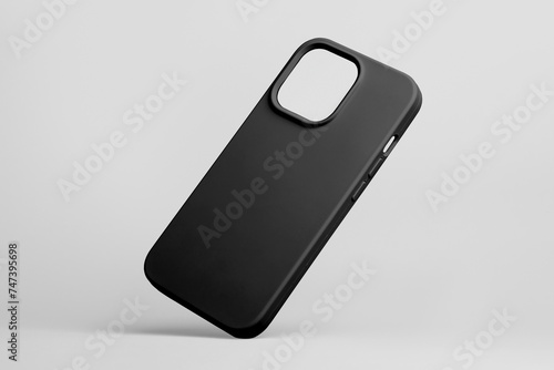 black soft silicone case for iPhone 15 Pro Max  falls down back view , smartphone case mockup isolated on grey background