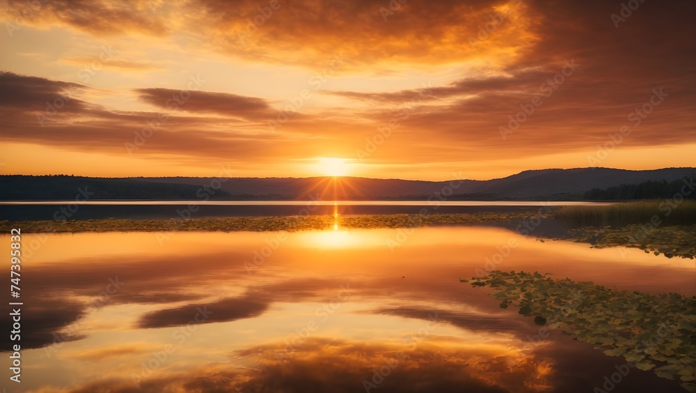 Beautiful sunset over a calm lake with reflection of clouds in the water