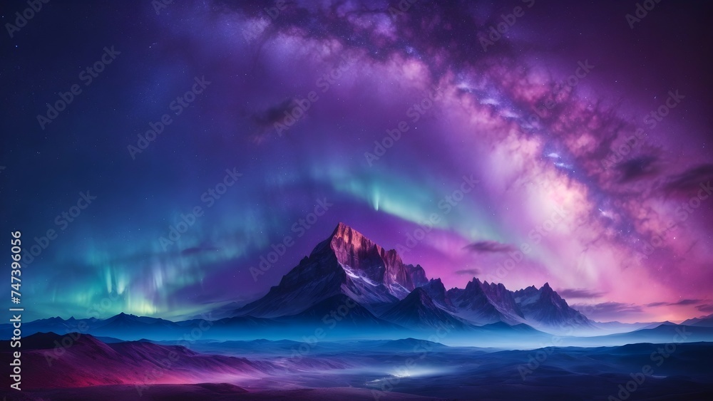 Northern lights aurora borealis over snowy mountains landscape