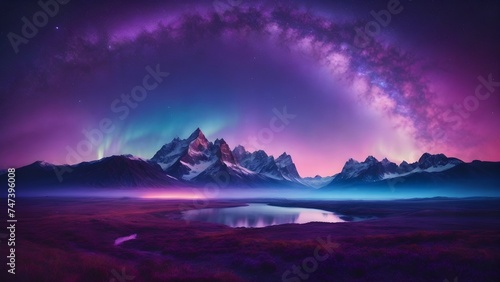 Northern lights aurora borealis over snowy mountains landscape