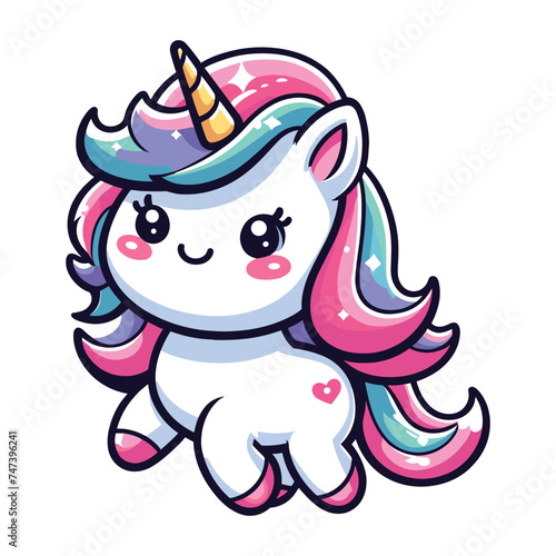 Cute unicorn cartoon character vector illustration, happy adorable magic unicorn with rainbow mane and tail design template isolated on white background © lartestudio