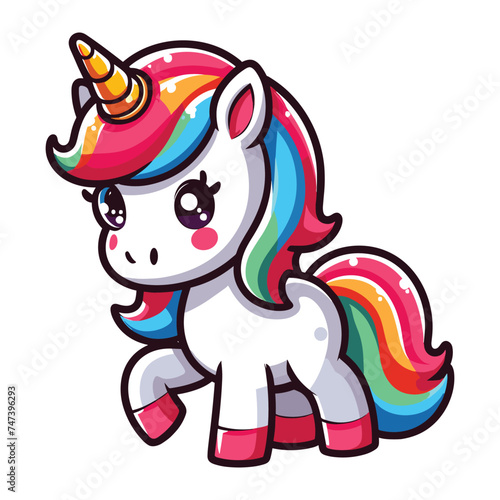 Cute unicorn cartoon character vector illustration  happy adorable magic unicorn with rainbow mane and tail design template isolated on white background