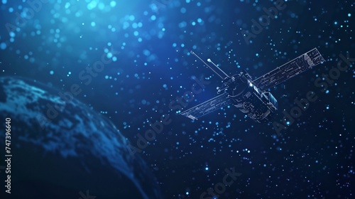 Silhouette of a satellite against a deep space blue background detailed with tech circuit patterns offering copyspace for innovation in space technology photo