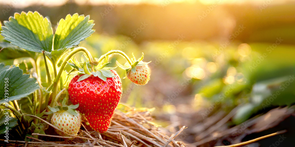 Erdbeeren auf dem Erdbeerfeld  - obrazy, fototapety, plakaty 