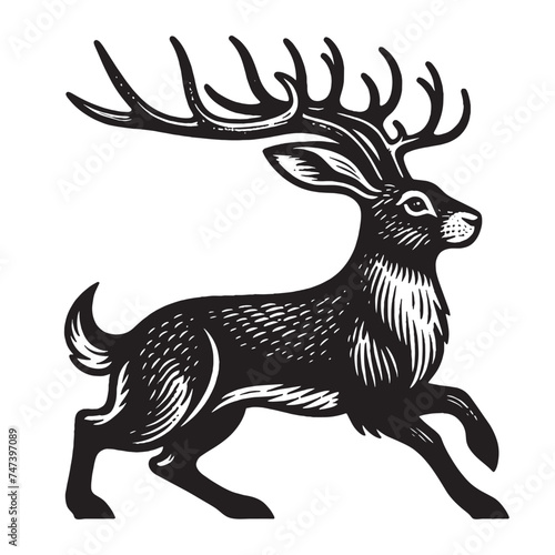 Mythical hare with deer antlers. Old vintage engraving illustration. Hand drawn outline graphic. Logo, emblem, icon. Isolated object, cut out. black and white 