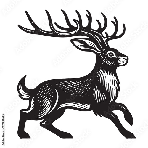 Mythical hare with deer antlers. Old vintage engraving illustration. Hand drawn outline graphic. Logo, emblem, icon. Isolated object, cut out. black and white	