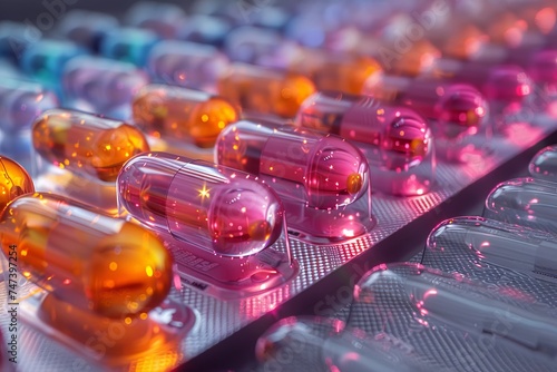 colorful pill capsules in a prescription package, in the style of dark silver and crimson, close-up, tactile surfaces. Generative AI