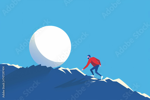 Mountaineer pushing electric blue ball up steep slope photo