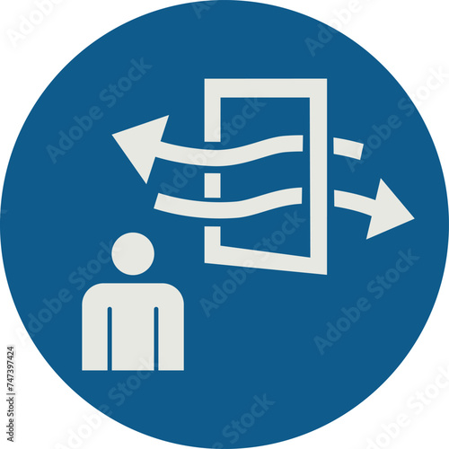 OBLIGATION SIGN PICTOGRAM, VENTILATE BEFORE AND DURING ENTERING ISO 7010 – M056, VECTOR
