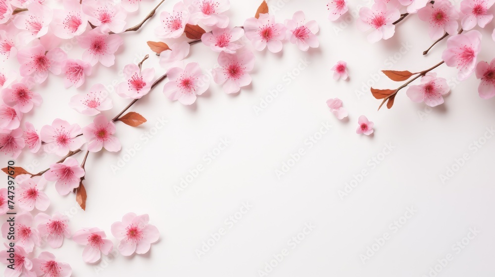 Beautiful delicate pink flowers on a white background. Abstract layout of a colored frame with space for text. An invitation to a wedding. The concept of International Women's Day, Mother's Day.