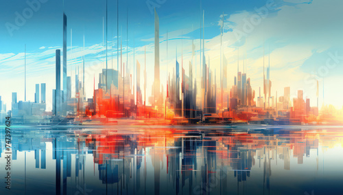 Abstract Skyscraper Art: Modern Cityscape with Urban Panorama and Futuristic Building Silhouette on Grunge Red Background