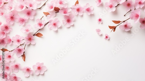 Beautiful delicate pink flowers on a white background. Abstract layout of a colored frame with space for text. An invitation to a wedding. The concept of International Women s Day  Mother s Day.