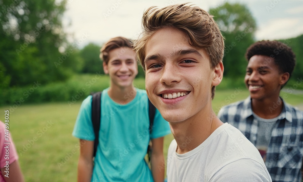Happy teenage boy with wide smile hanging out with friends