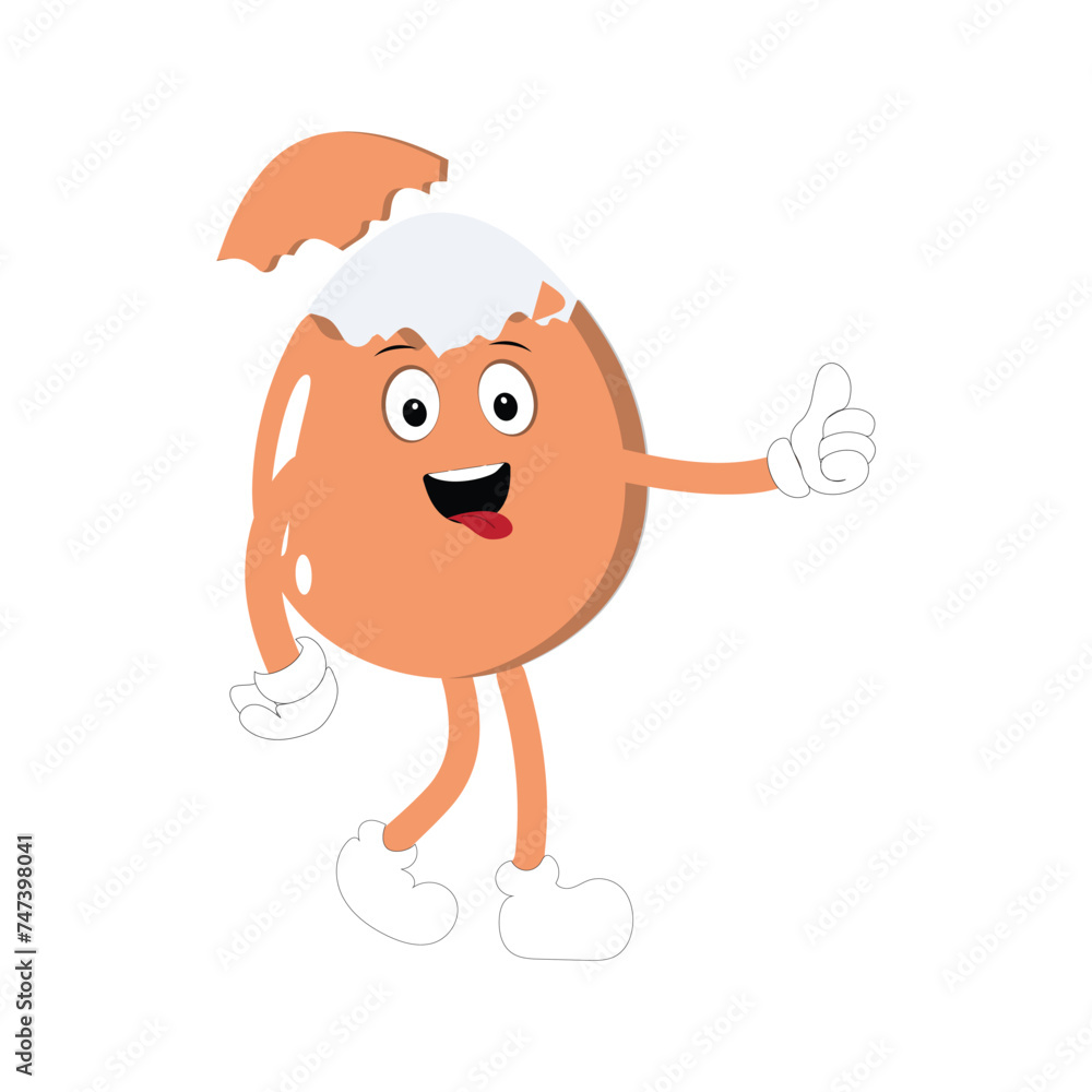Obraz premium Happy egg cartoon mascot character, Cartoon egg giving thumb up, hand drawn cartoon kawaii vector illustration. Retro Easter with different emotions