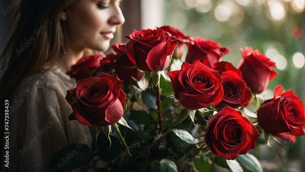 A warm image showing a woman holding a bouquet of red roses, with face hidden for privacy, 8. March, Women's day A warm image showing a woman holding a bouquet of red roses, with face hidden for privacy, 8. March, Women's day