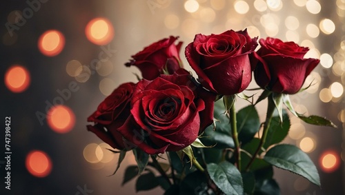 A lush bouquet of red roses stands against a glowing backdrop of golden bokeh circles  conveying warmth