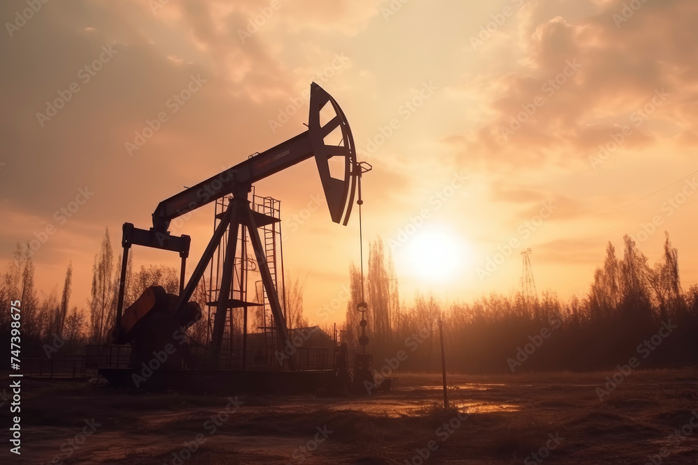 Oil pumps at sunset in industrial landscape.