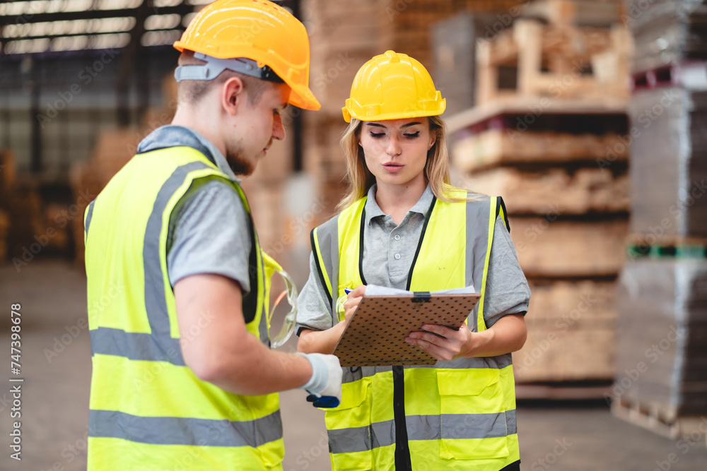 Man and woman workers with clipboard discussing working and checking stock inventory wood plank material for making wooden pallet products at warehouse industrial factory, woodwork production Man and woman workers with clipboard discussing working and checking stock inventory wood plank material for making wooden pallet products at warehouse industrial factory, woodwork production