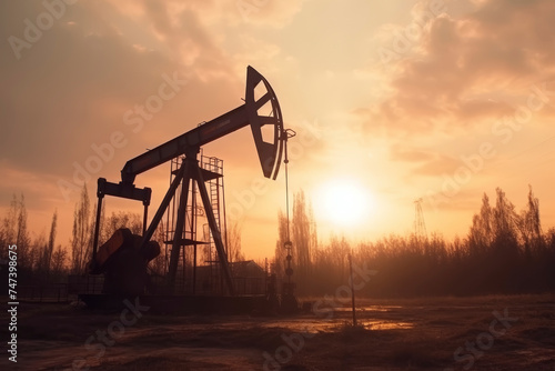 Oil pumps at sunset in industrial landscape.