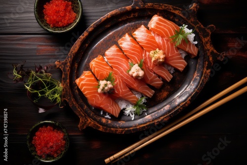 Tasty sashimi on a rustic plate against a minimalist or empty room background