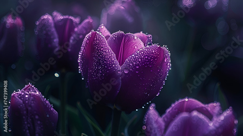 Close up of a violet flower with water drops on petals