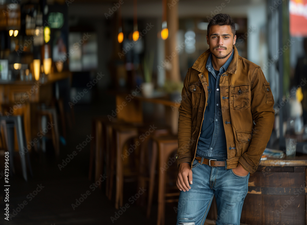 handsome latino customer man standing in a restaurant, wearing denim jeans, with copy space for promotional text 