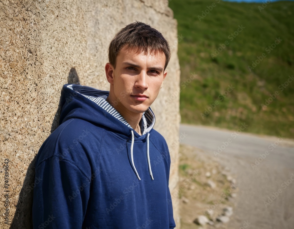 Portrait of young man in hooded sweatshirt with serios face Portrait of young man in hooded sweatshirt with serios face