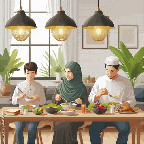 illustration  of family having meal,flat minimalist for ramadhan backround