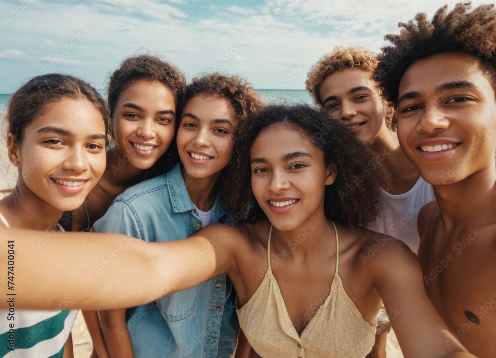 A lot of friends are having fun and taking selfie against sandy beach of sea A lot of friends are having fun and taking selfie against sandy beach of sea