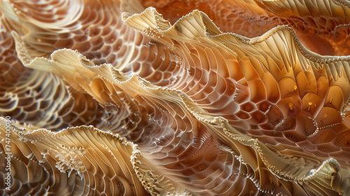 close-up view of intricate and detailed patterns that resemble the interior of a seashell or similar natural structure, with layers and ridges in various shades of brown and orange