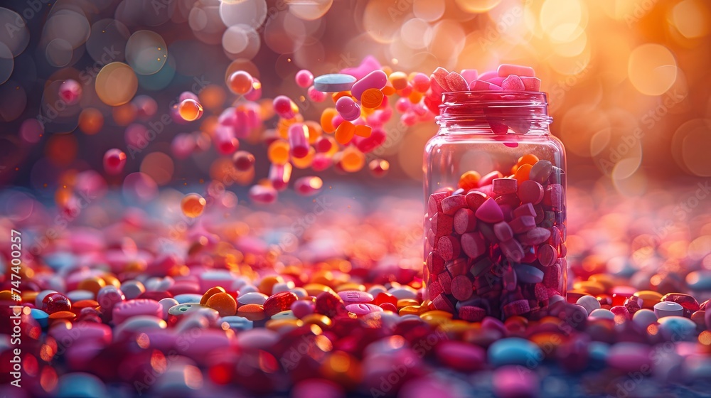 colorful pills all over a bottle of jar, in the style of darktable processing, colourful. Generative AI - obrazy, fototapety, plakaty 