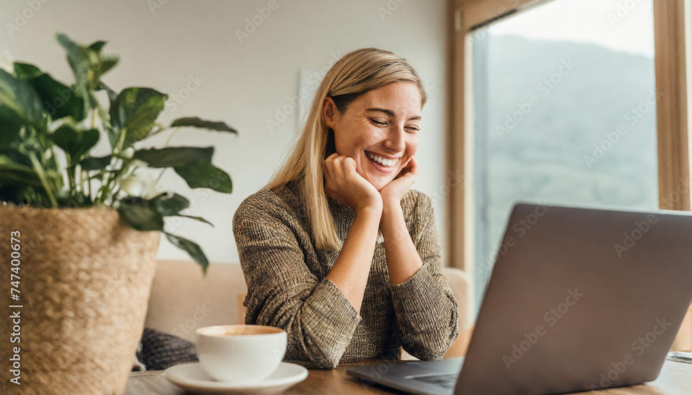 female person working on laptop; person smiling and laughing during an online meeting; homeoffice female person working on laptop; person smiling and laughing during an online meeting; homeoffice