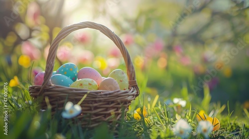 Wicker basket with Easter eggs painted in the field