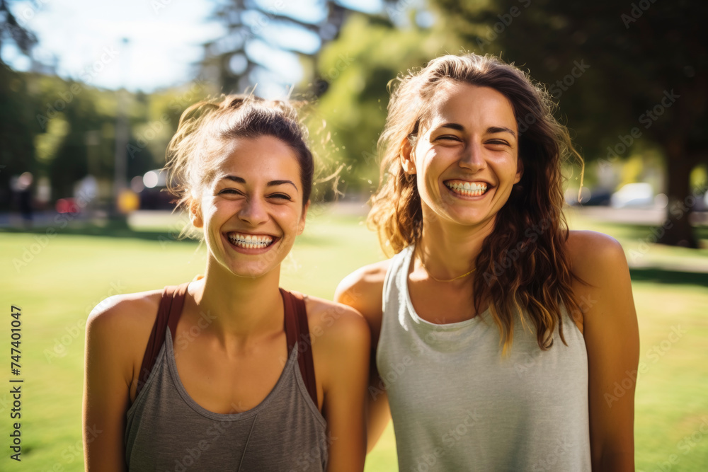 Obraz premium Two women smiling and embracing in natural sunlight.