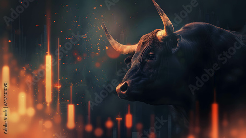 bull market and stock candle chart in digital technology background, uptrend in stock or currency market