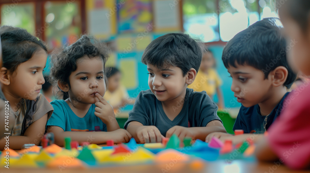 Group of children in a classroom setting, interactive learning with a teacher, hands-on activities on the table, promoting social and cognitive development Group of children in a classroom setting, interactive learning with a teacher, hands-on activities on the table, promoting social and cognitive development