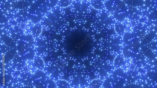 futuristische blau leuchtende synchrone Netzwerkverknüpfungen mit Knotenpunkten, Fraktal, Muster, Kreis, Verbindungen, KI, Internet, Server, Plexuseffekt, System, FTTH, Daten, leuchten photo