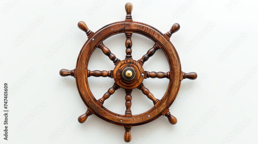 Wooden steering wheel of a ship on a white wall background