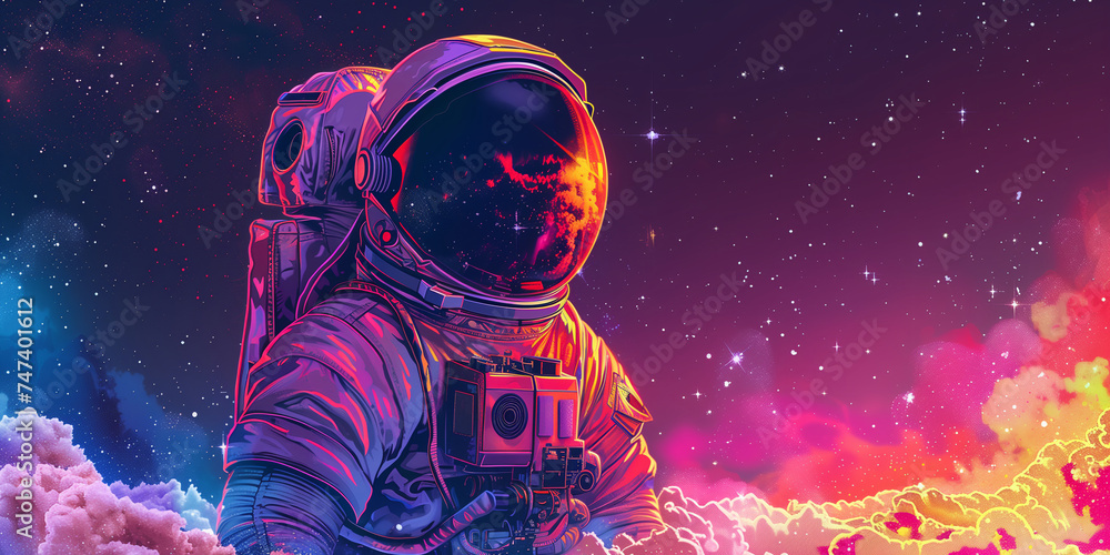 Astronaut in full suit with reflective visor against a cosmic pink and blue nebula background. Space exploration and sci-fi concept. Illustration with copy space for design and print. Astronaut in full suit with reflective visor against a cosmic pink and blue nebula background. Space exploration and sci-fi concept. Illustration with copy space for design and print.