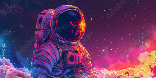 Astronaut in full suit with reflective visor against a cosmic pink and blue nebula background. Space exploration and sci-fi concept. Illustration with copy space for design and print.