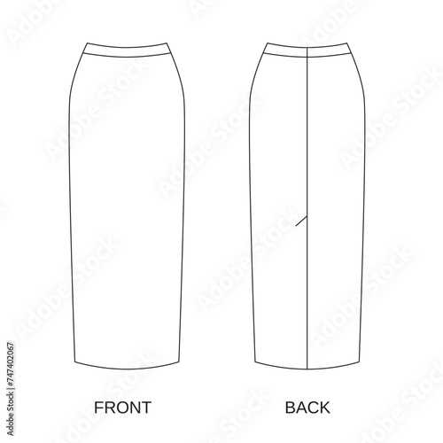 Outline drawing of a long skirt front and back view, vector. Fashionable maxi skirt template, vector. Sketch of a white women's skirt.