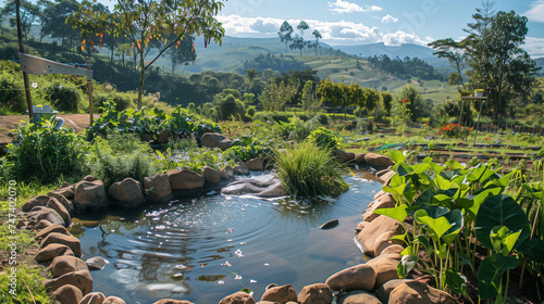 Water harvesting system in a permaculture landscape, swales and ponds integrated among crops, sustainable water management in action photo