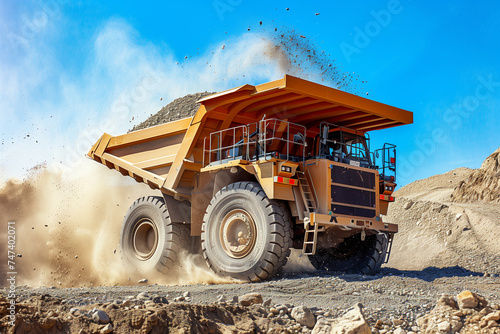 Heavy-duty dump truck unloading gravel at a construction site, dust rising, powerful machinery in action, clear blue sky background