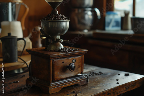 Close-up of a manual coffee grinder with freshly ground coffee beans, rustic wooden table, early morning light, artisanal coffee preparation