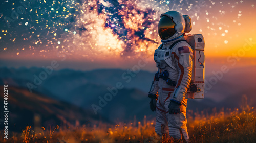 Astronaut standing on a hill at sunset with galaxy backdrop. Space exploration and adventure concept. Banner with copy space for Cosmonautics Day event.