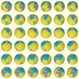 Collection of planet globes. Slanted sphere view. Rotation step 10 degrees. Colored continents style. World map with sparse graticule lines on pale background. Delicate vector illustration.